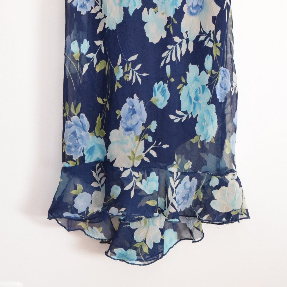 BE SMART Vintage Navy Blue Flowy Chiffon Floral High Low Maxi Dress | Size S - Picture 6 of 10